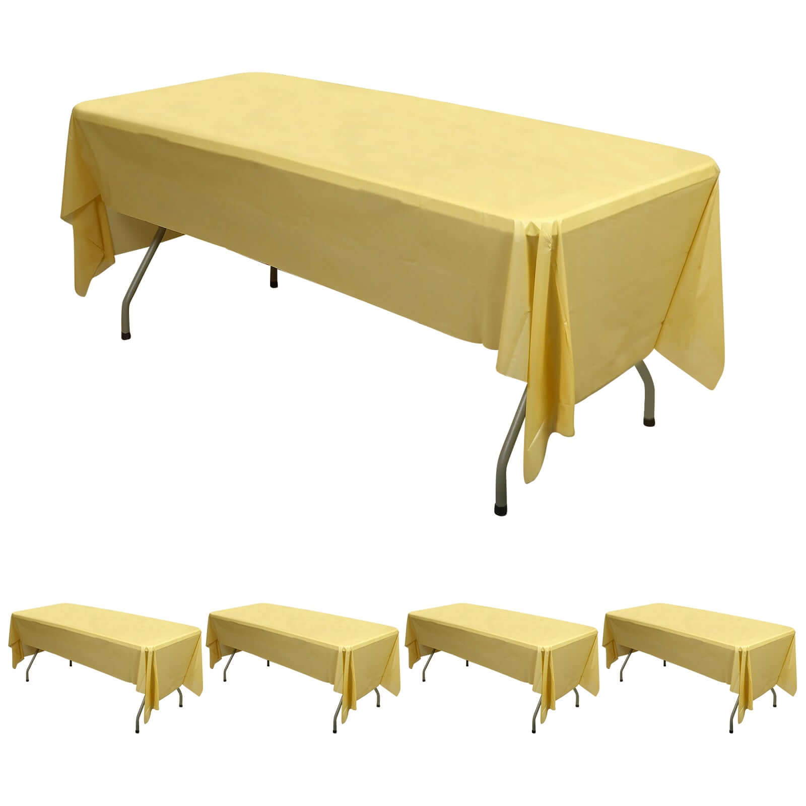 5-Pack Gold Plastic Rectangle Disposable Table Covers - Durable PVC for Gatherings, 54x108