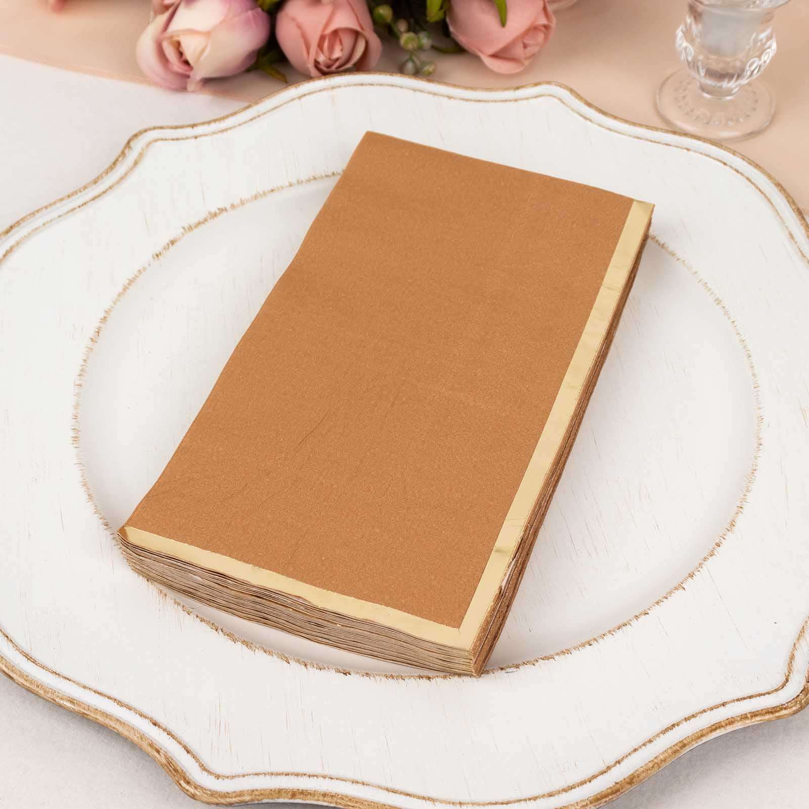Hot Sale! 50-Pack Disposable 2-Ply Paper Dinner Napkins in Terracotta with Gold Foil Edge