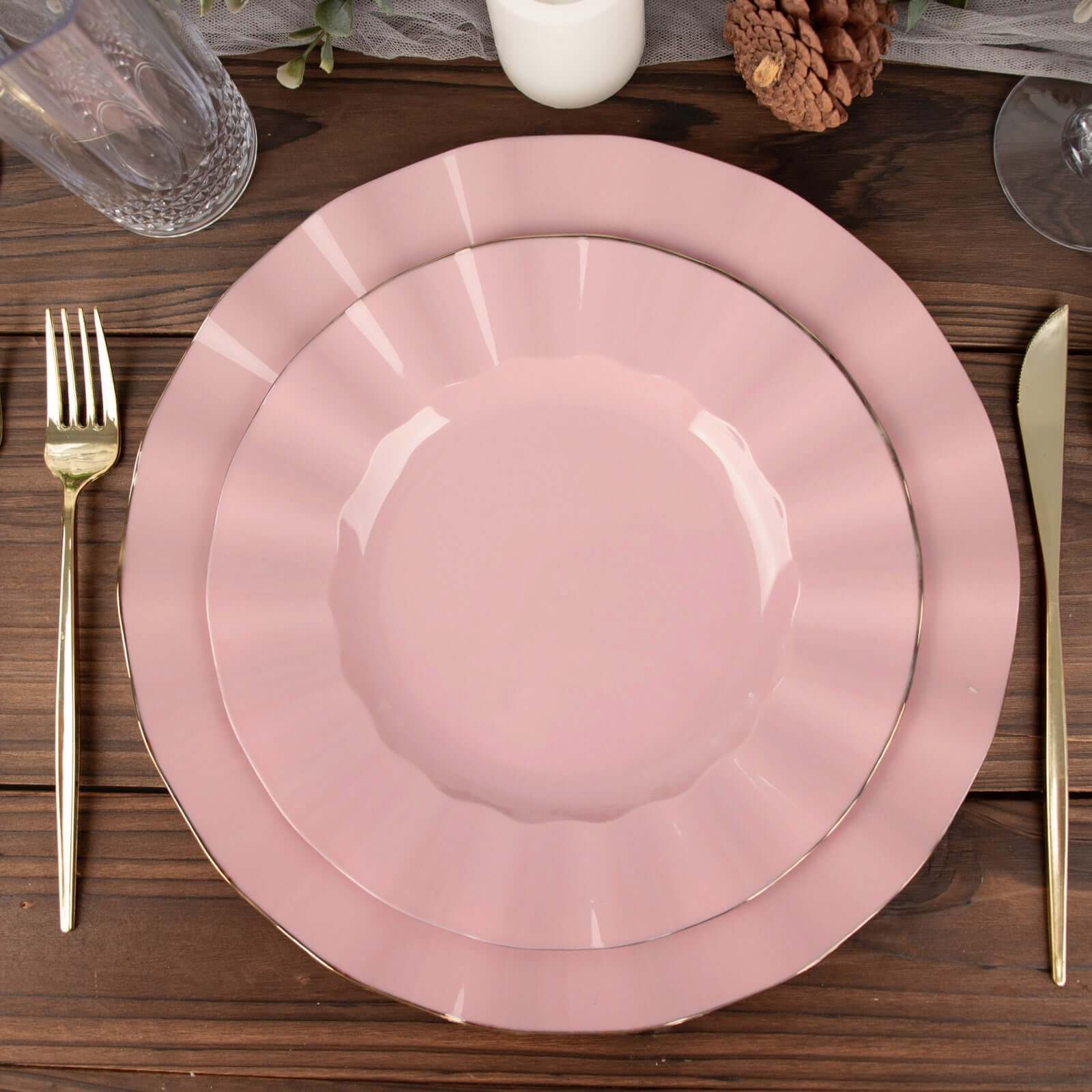 Hot Deal! 10-Piece Set of 9-Inch Round Disposable Plastic Dinner Plates in Dusty Rose with Gold-Rimmed Ruffled Edge