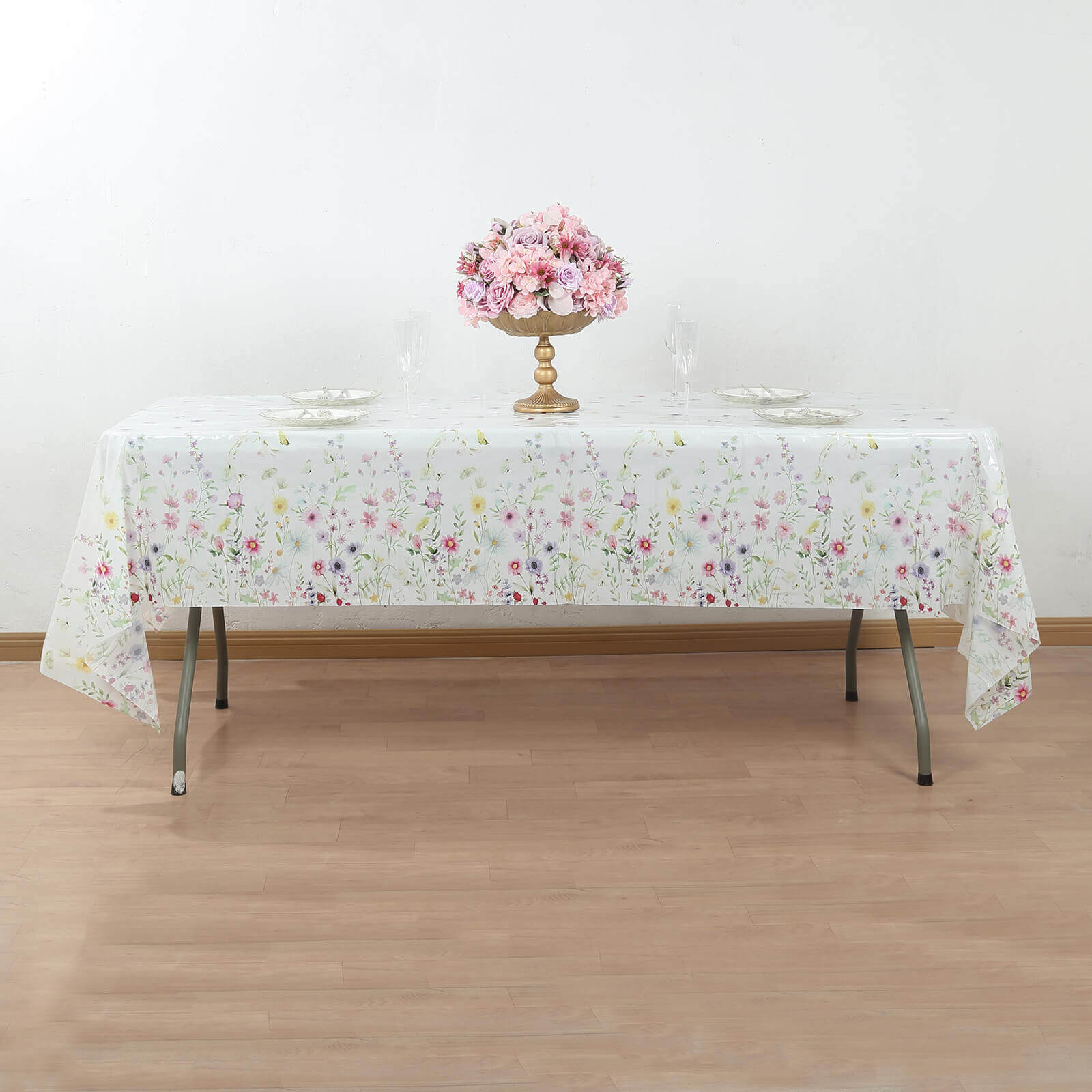 5-Pack Durable PVC Disposable Spring Floral Plastic Tablecloths 54x108, White/Green with Wild Flowers & Butterfly Print