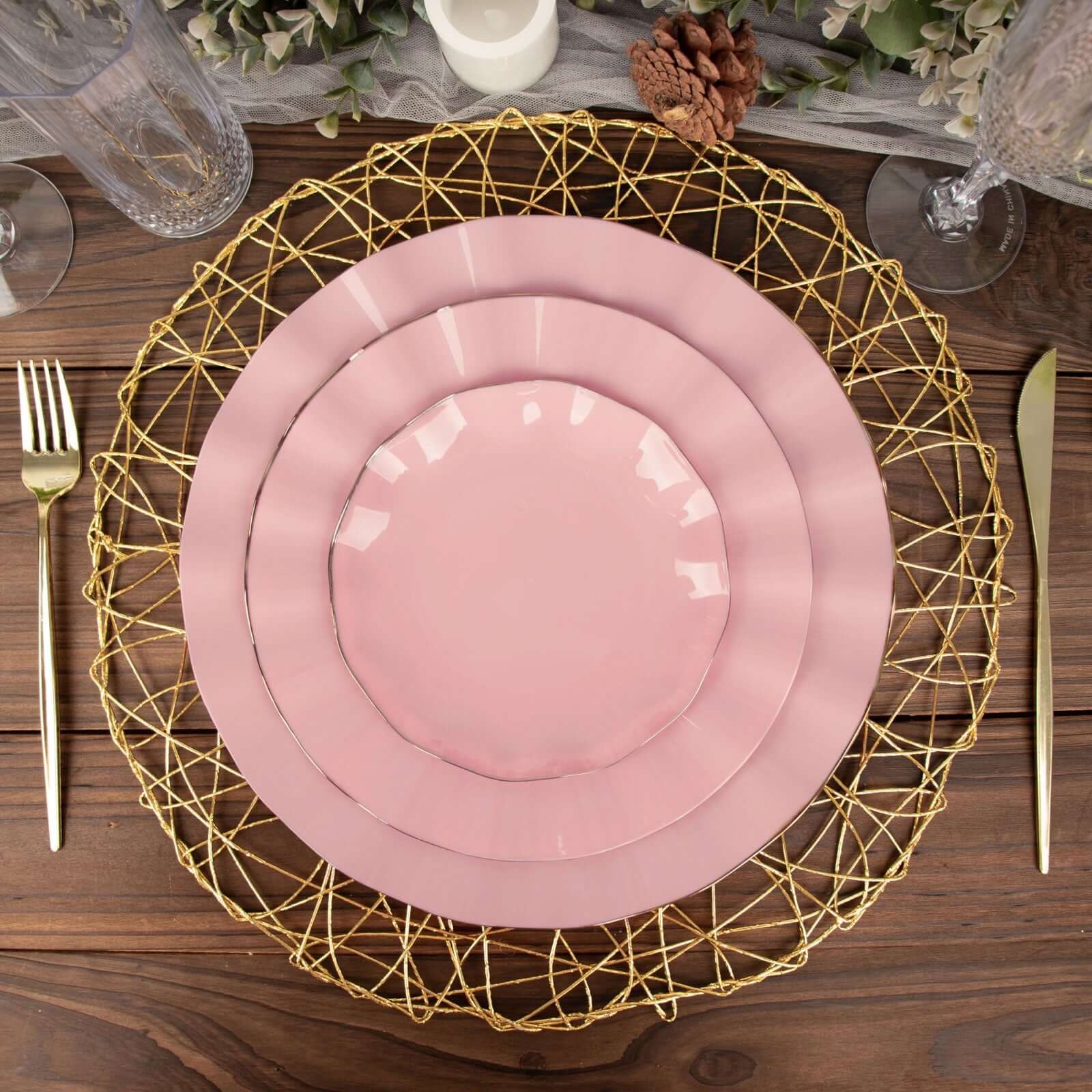 Hot Deal! 10-Piece Set of 9-Inch Round Disposable Plastic Dinner Plates in Dusty Rose with Gold-Rimmed Ruffled Edge