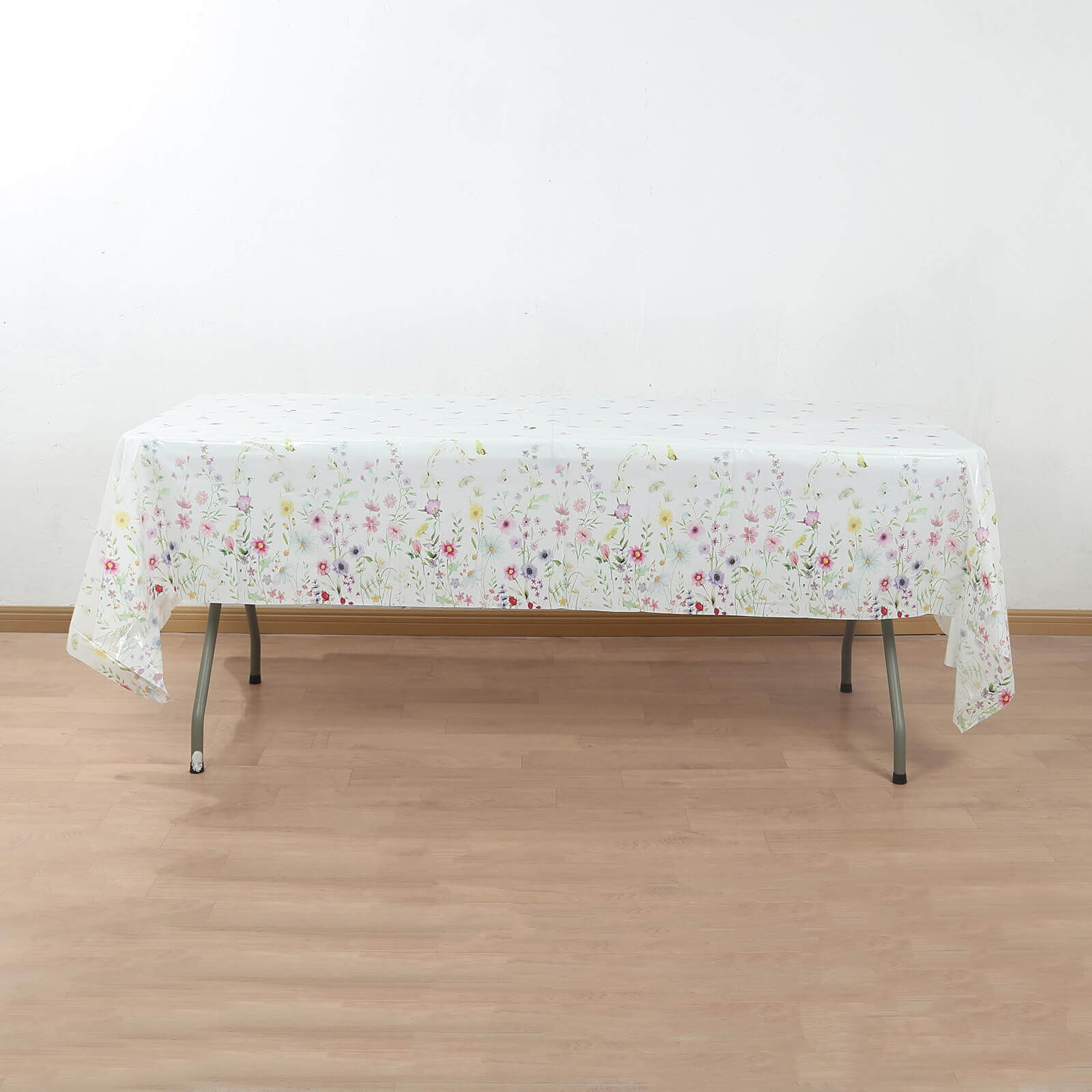 5-Pack Durable PVC Disposable Spring Floral Plastic Tablecloths 54x108, White/Green with Wild Flowers & Butterfly Print
