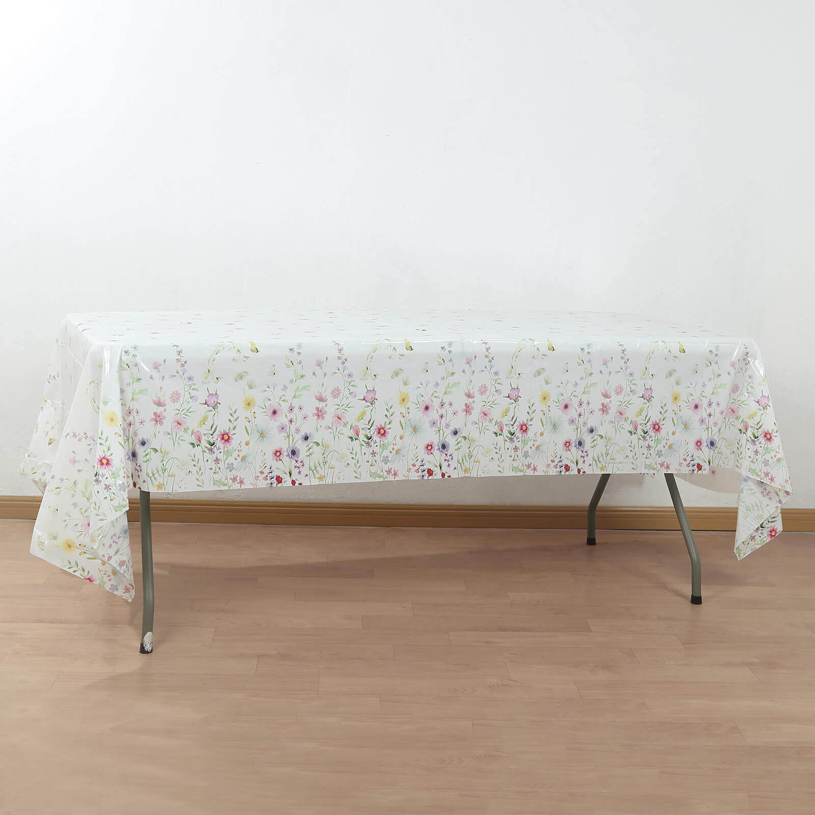5-Pack Durable PVC Disposable Spring Floral Plastic Tablecloths 54x108, White/Green with Wild Flowers & Butterfly Print