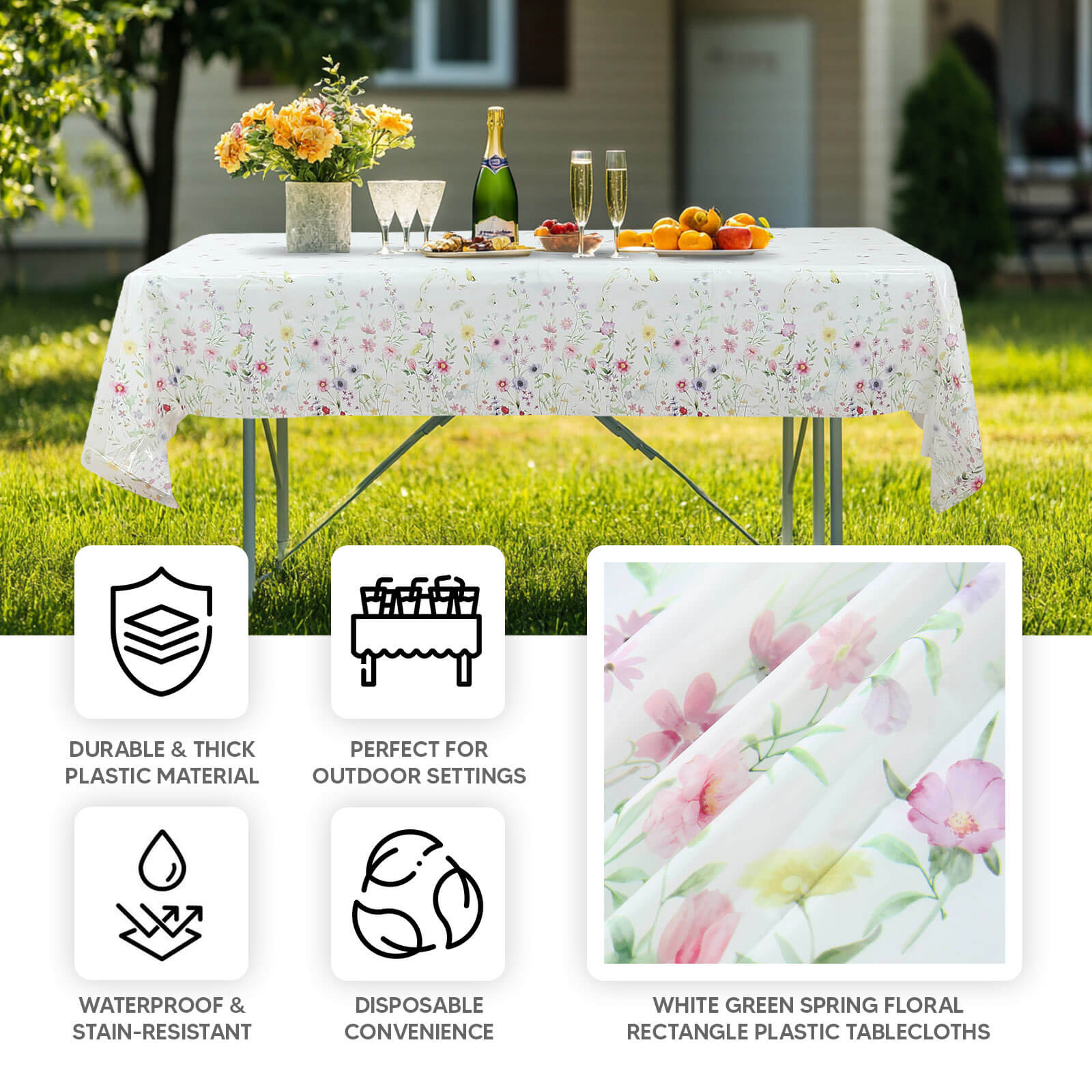 5-Pack Durable PVC Disposable Spring Floral Plastic Tablecloths 54x108, White/Green with Wild Flowers & Butterfly Print