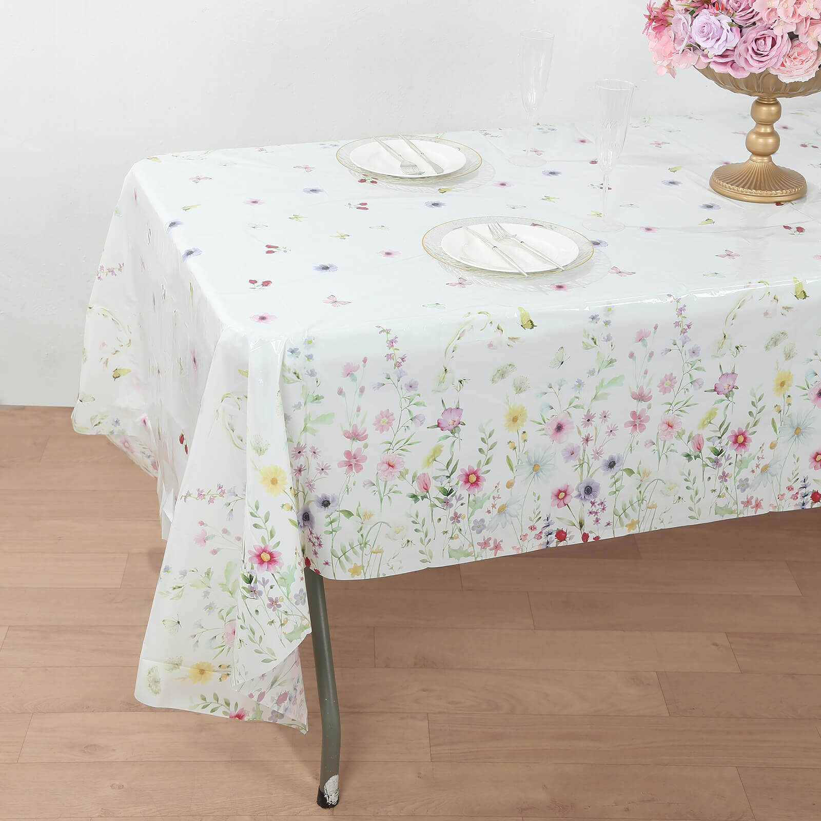 5-Pack Durable PVC Disposable Spring Floral Plastic Tablecloths 54x108, White/Green with Wild Flowers & Butterfly Print