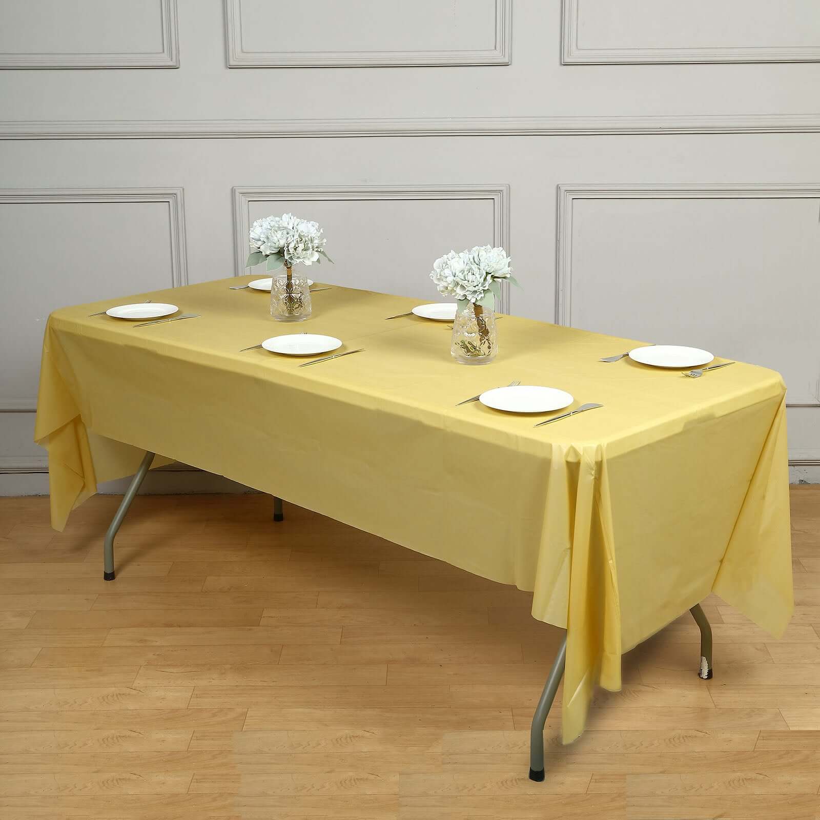 5-Pack Gold Plastic Rectangle Disposable Table Covers - Durable PVC for Gatherings, 54x108
