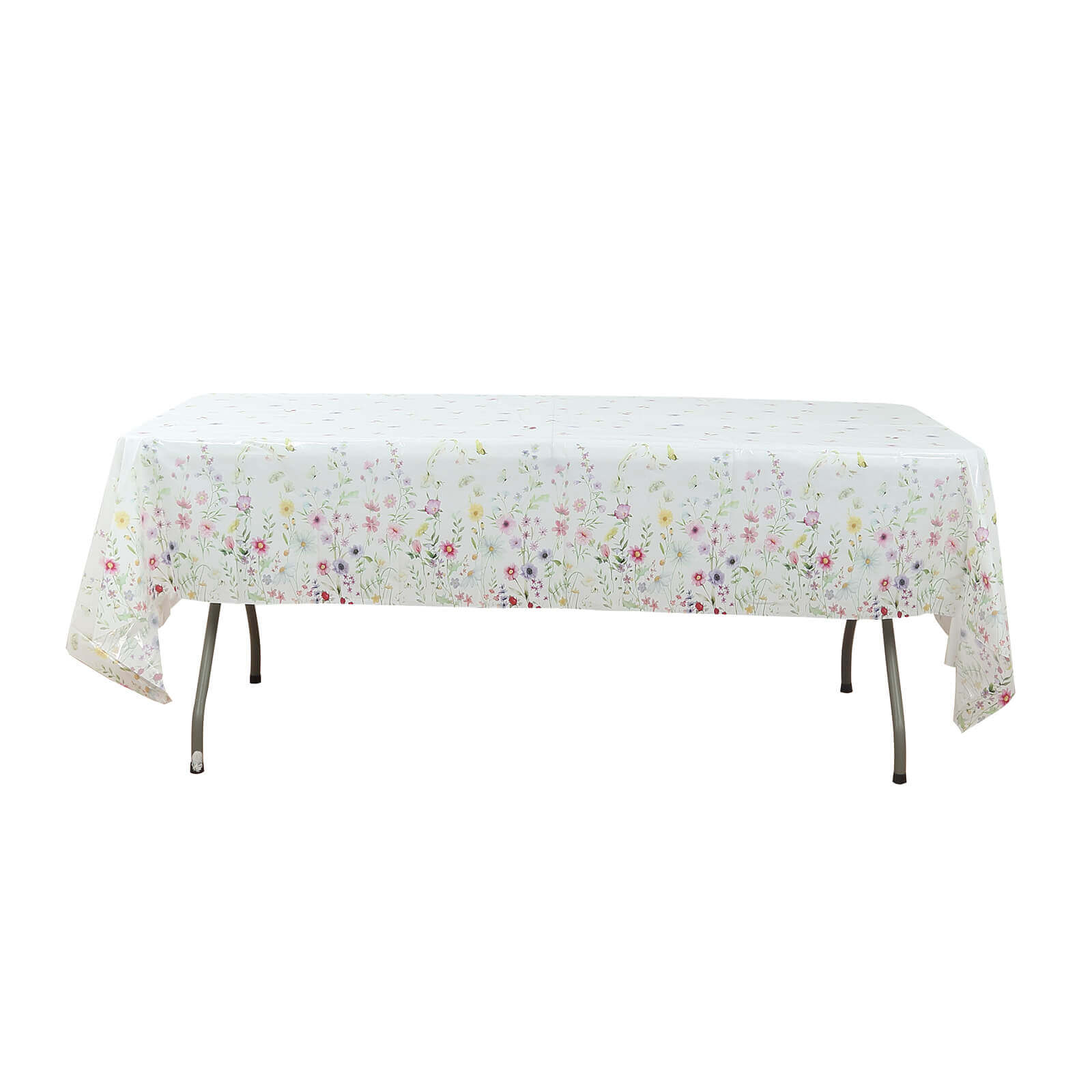 5-Pack Durable PVC Disposable Spring Floral Plastic Tablecloths 54x108, White/Green with Wild Flowers & Butterfly Print