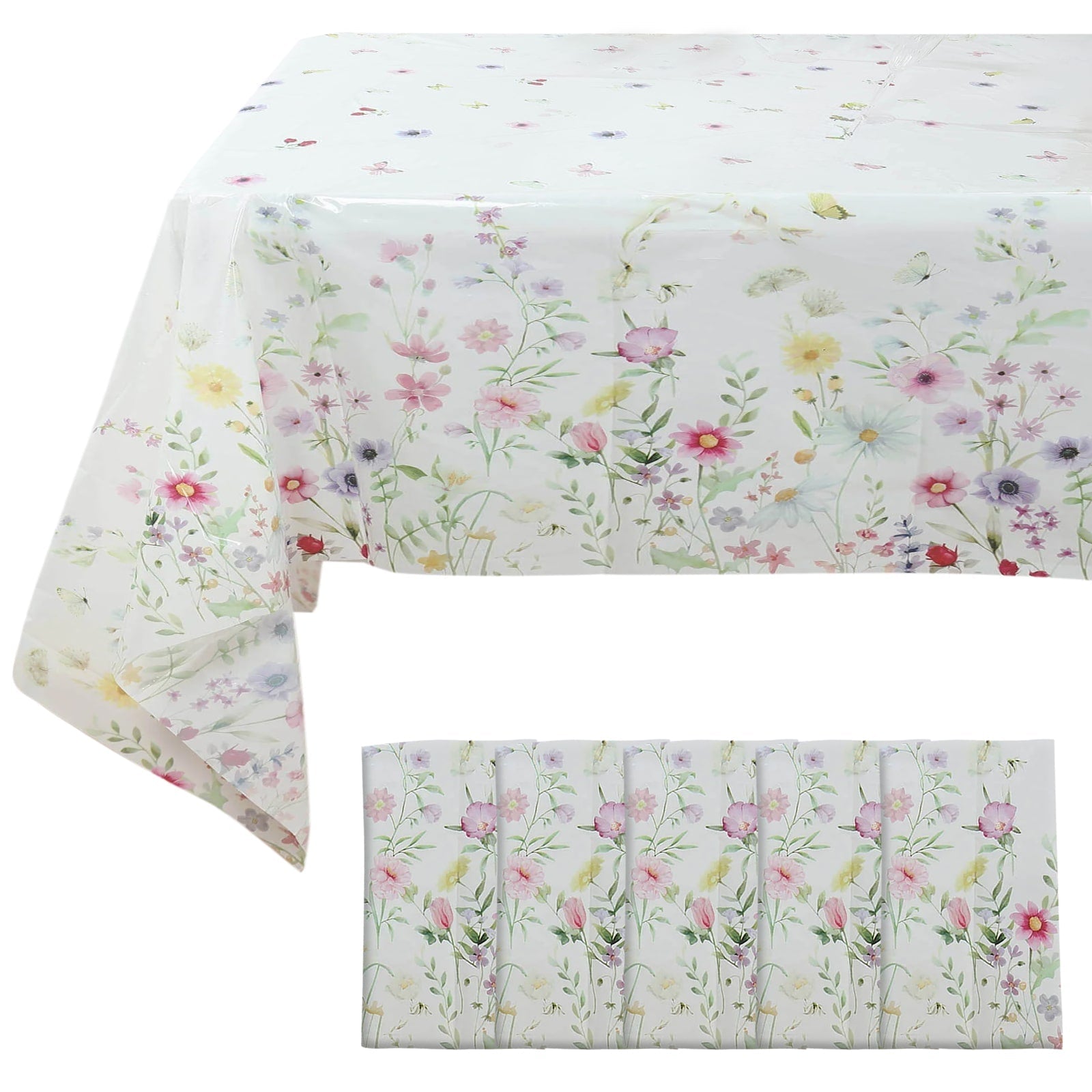 5-Pack Durable PVC Disposable Spring Floral Plastic Tablecloths 54x108, White/Green with Wild Flowers & Butterfly Print