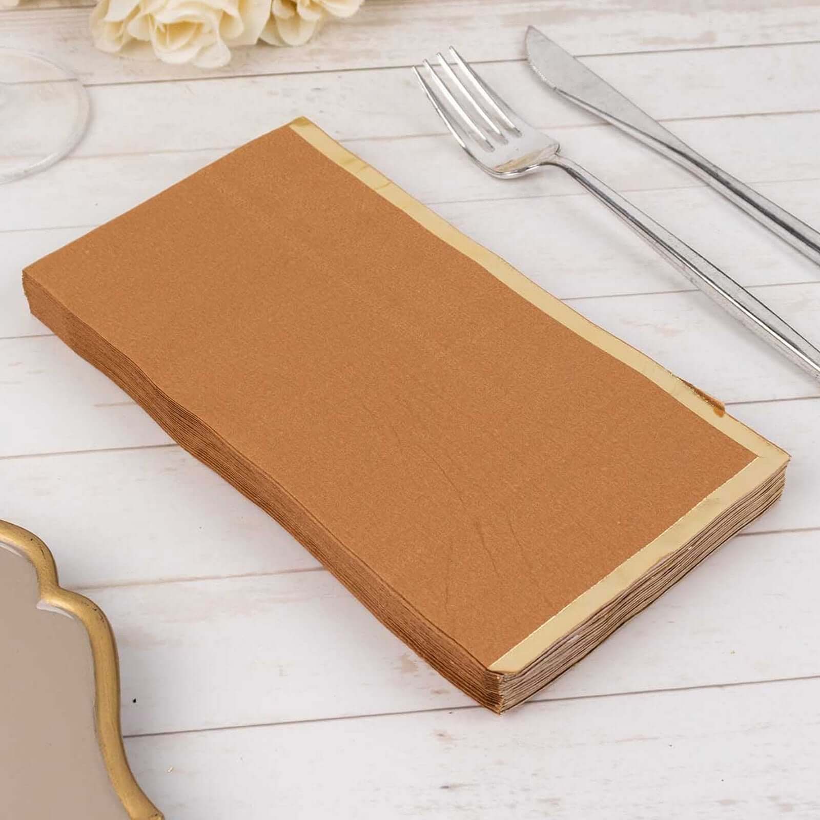 Hot Sale! 50-Pack Disposable 2-Ply Paper Dinner Napkins in Terracotta with Gold Foil Edge