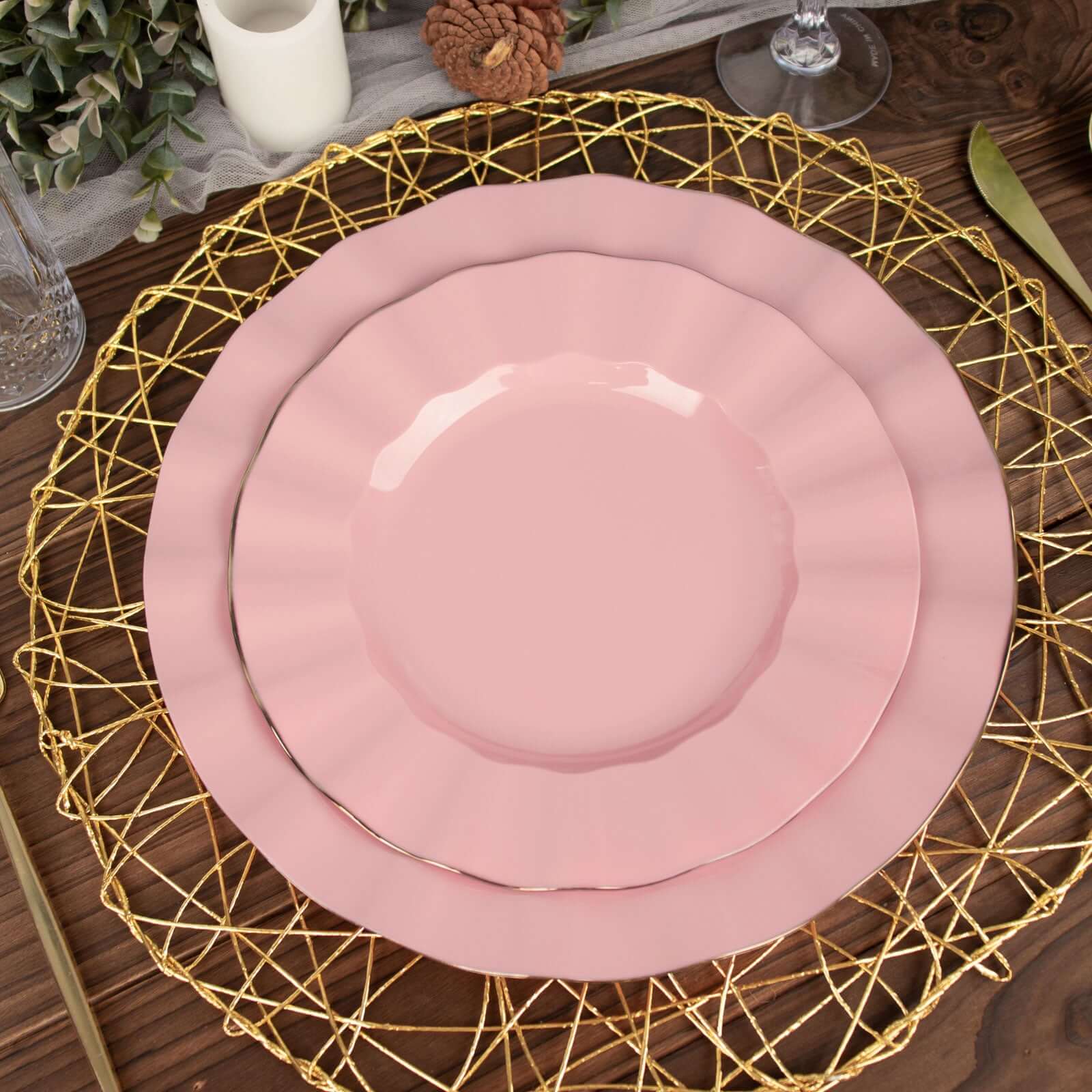Hot Deal! 10-Piece Set of 9-Inch Round Disposable Plastic Dinner Plates in Dusty Rose with Gold-Rimmed Ruffled Edge