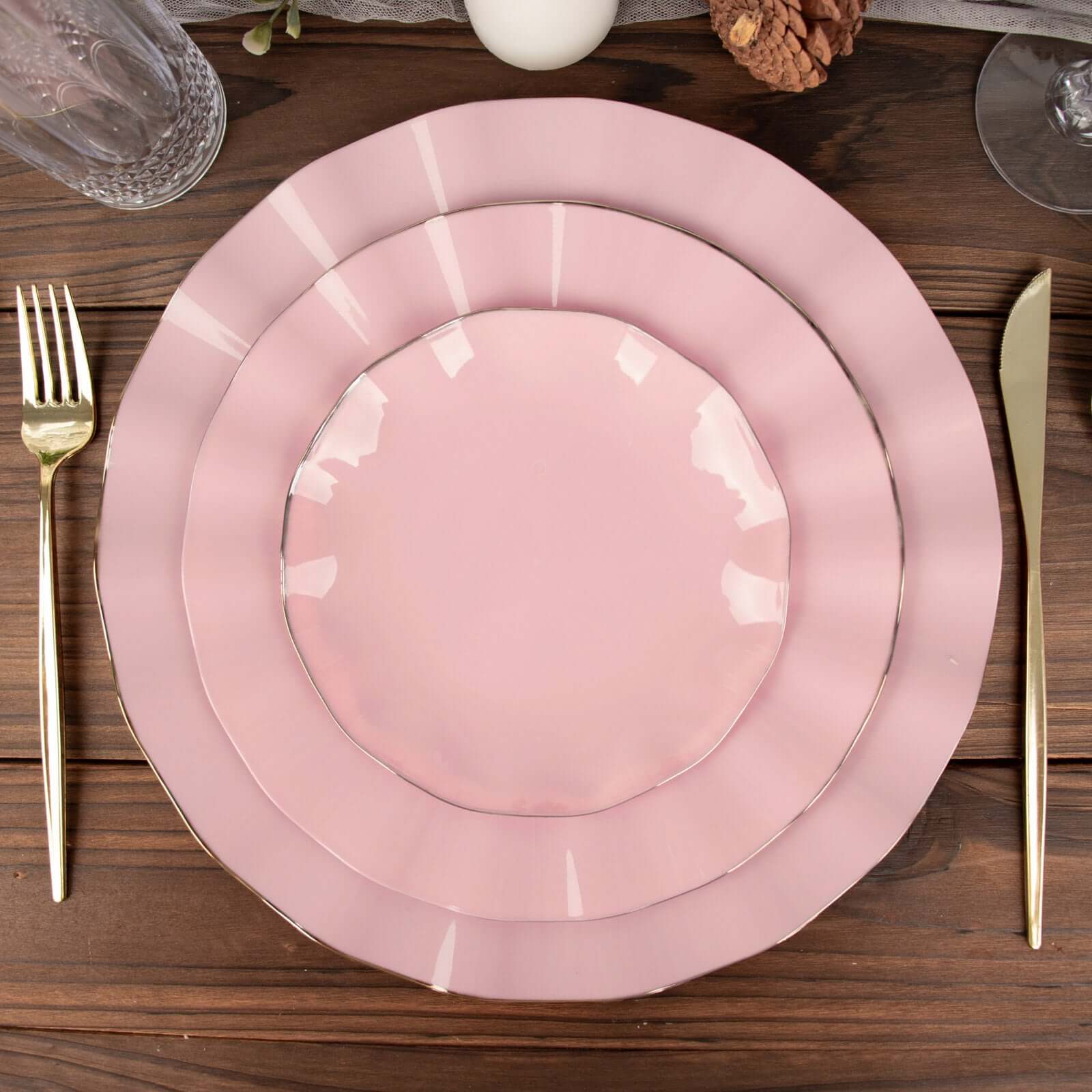 Hot Deal! 10-Piece Set of 9-Inch Round Disposable Plastic Dinner Plates in Dusty Rose with Gold-Rimmed Ruffled Edge
