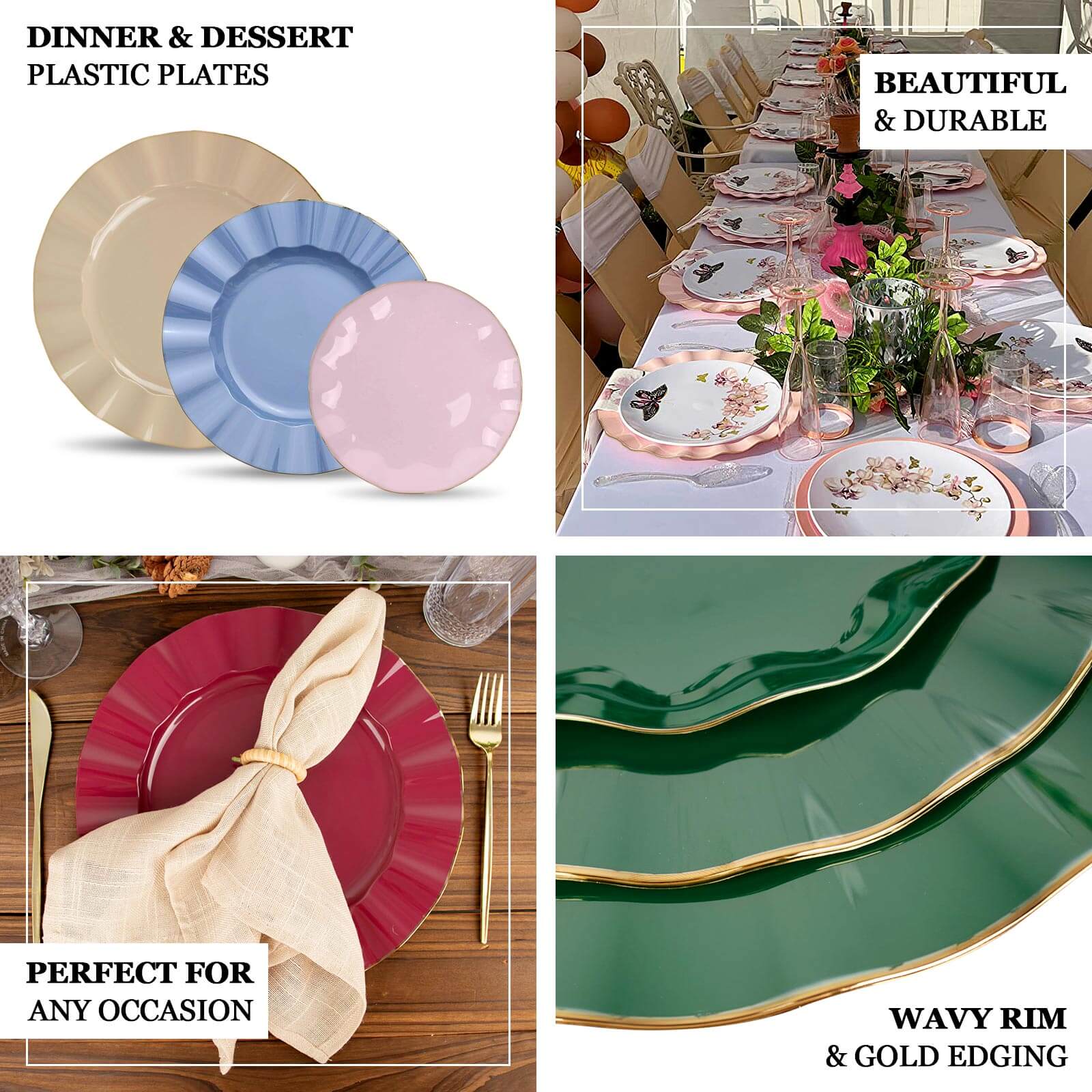 Hot Deal! 10-Piece Set of 9-Inch Round Disposable Plastic Dinner Plates in Dusty Rose with Gold-Rimmed Ruffled Edge