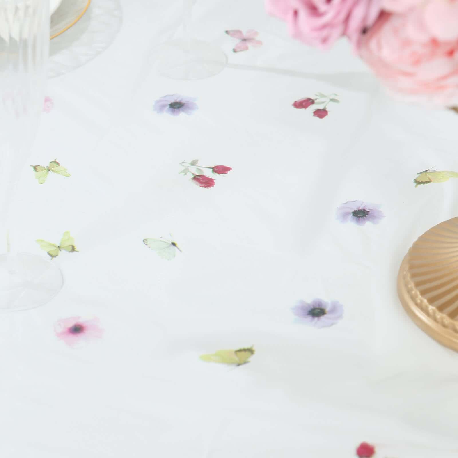 5-Pack Durable PVC Disposable Spring Floral Plastic Tablecloths 54x108, White/Green with Wild Flowers & Butterfly Print