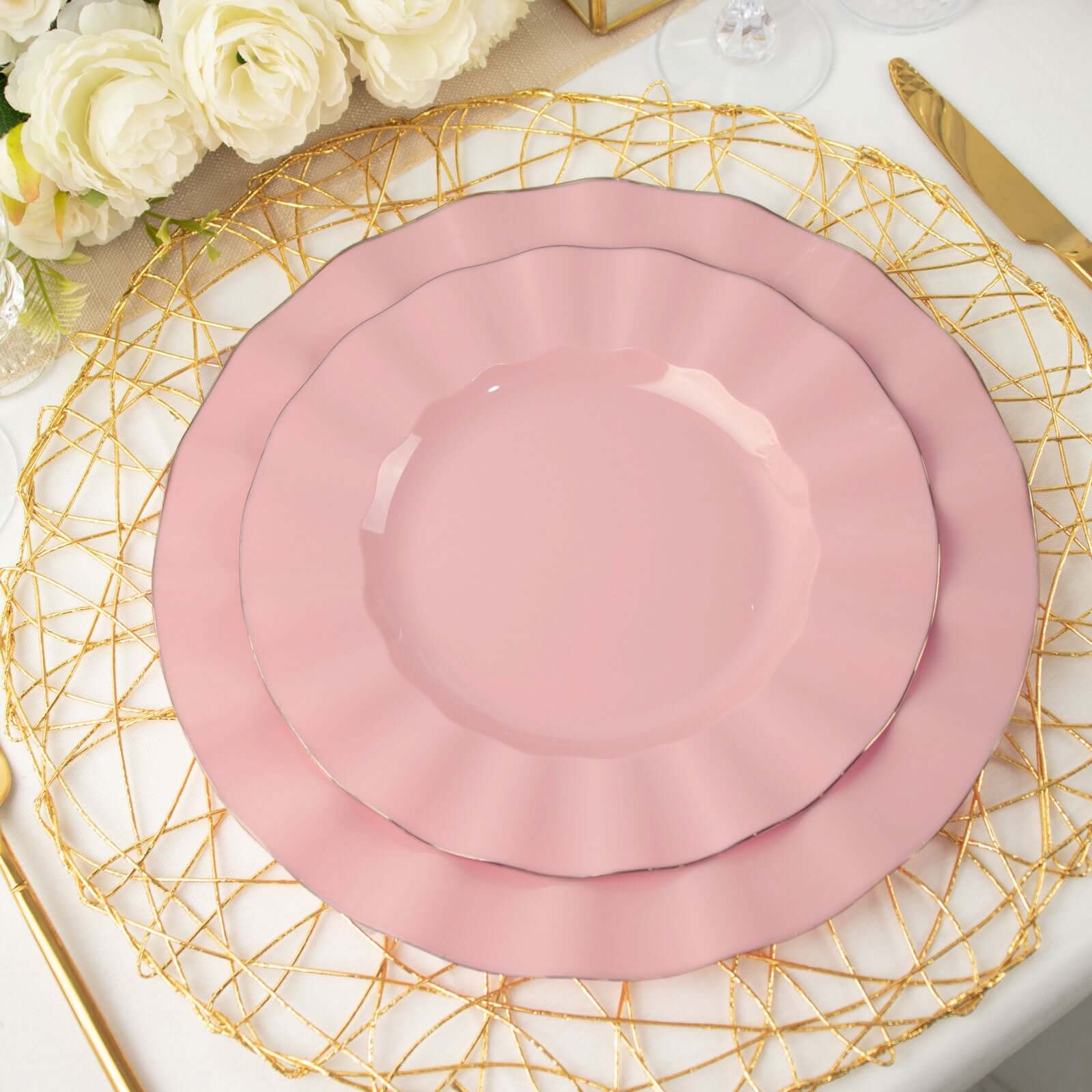 Hot Deal! 10-Piece Set of 9-Inch Round Disposable Plastic Dinner Plates in Dusty Rose with Gold-Rimmed Ruffled Edge